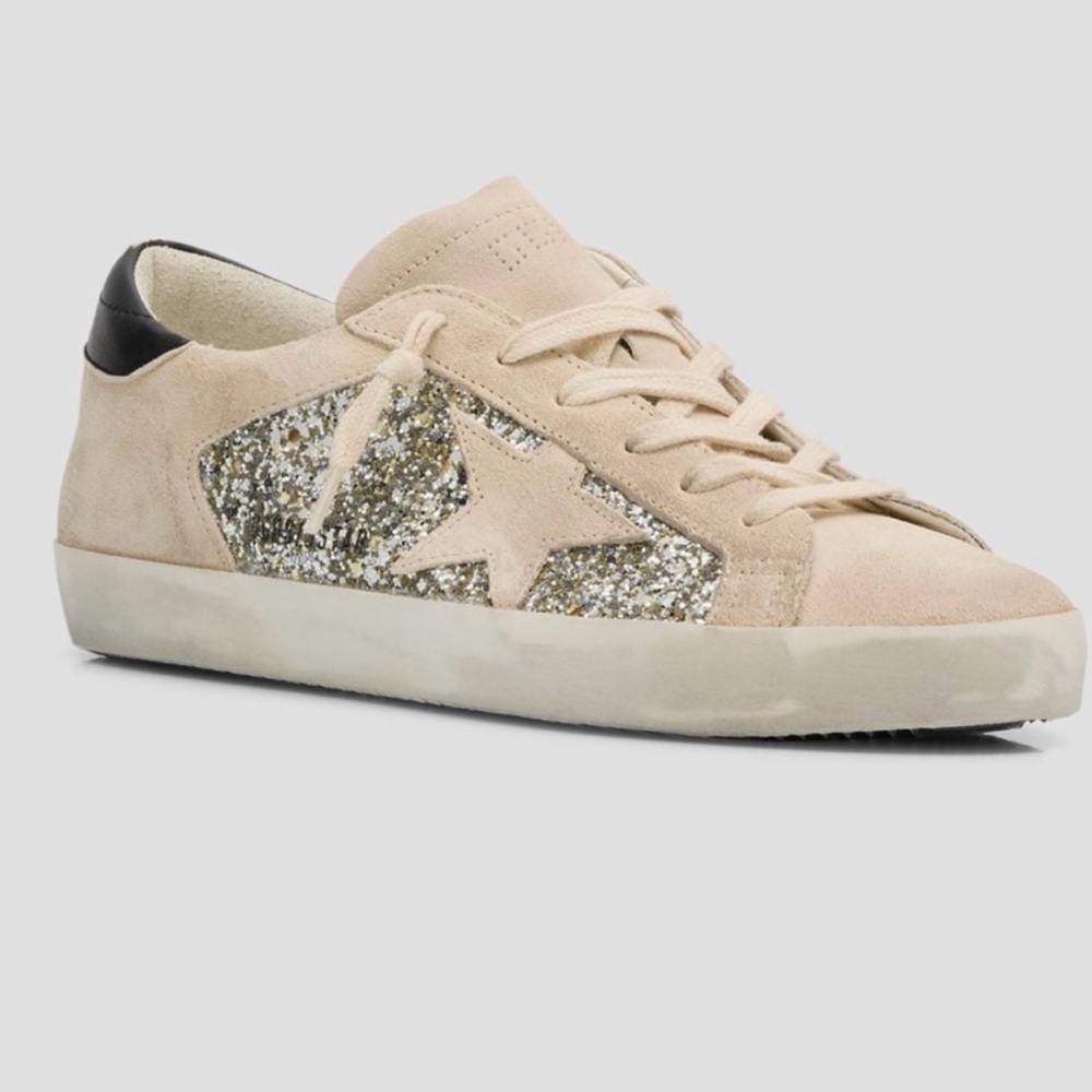 Golden Goose Cream and Black Sneakers with Shimmering Star Design